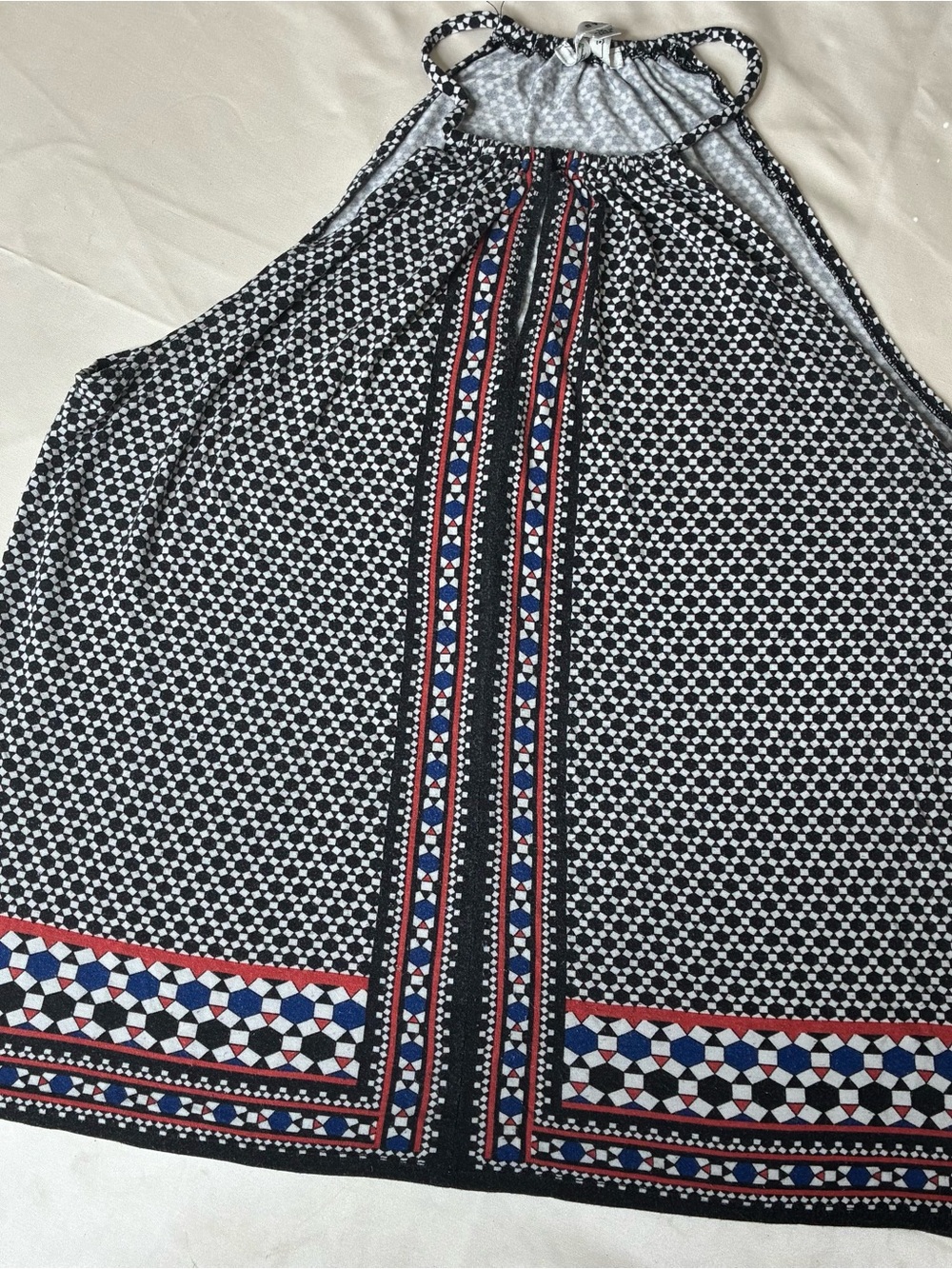 Women’s Black Geometric Halter Tank Top with Red & Blue Trim